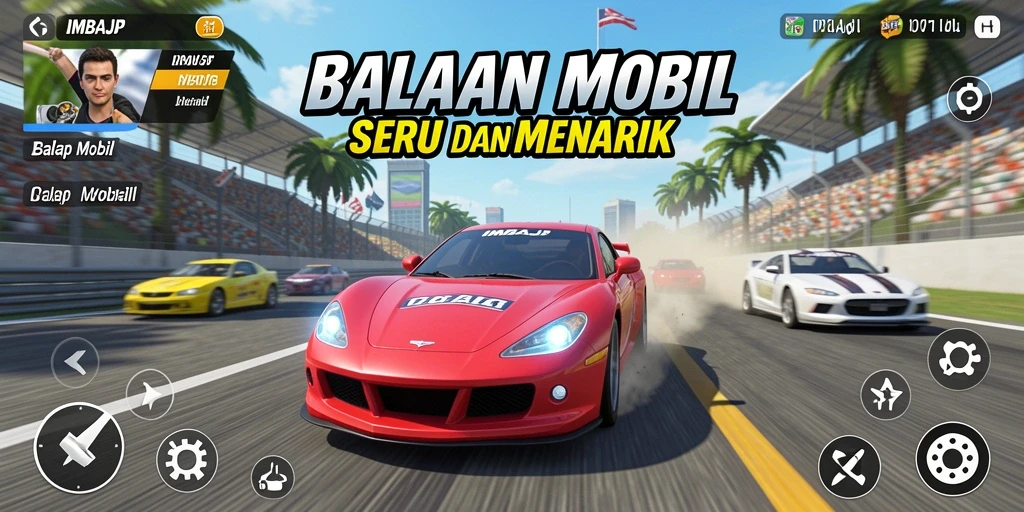 Antarmuka IMBAJP yang menampilkan balapan mobil yang intens dan seru.